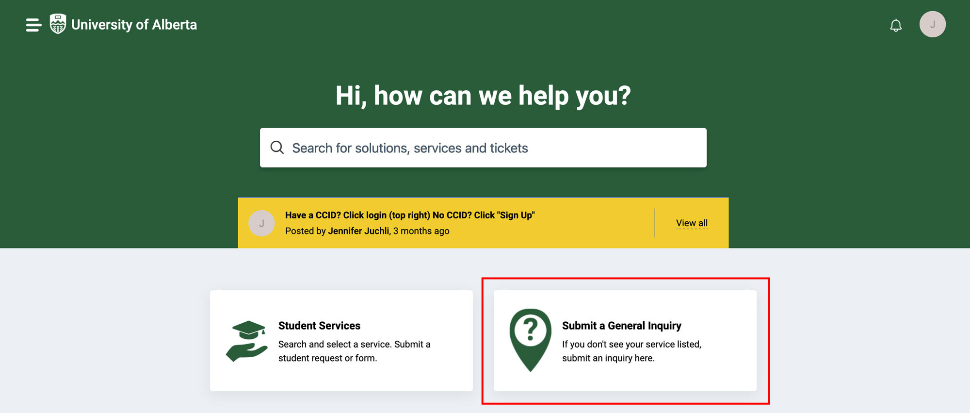 Screenshot of the Freshservice student portal showing the general inquiry option