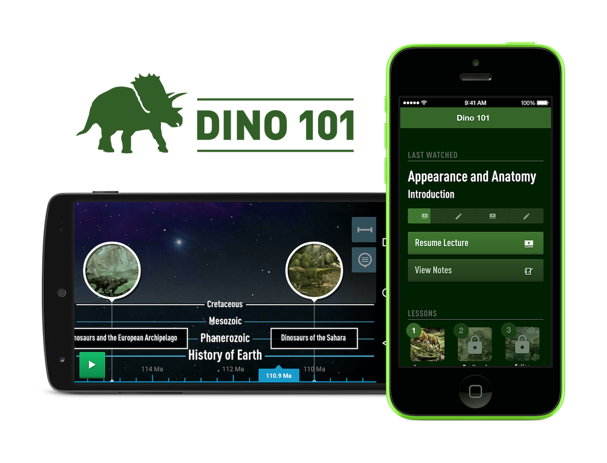 Screenshots of Dino 101 app on Android and Apple devices