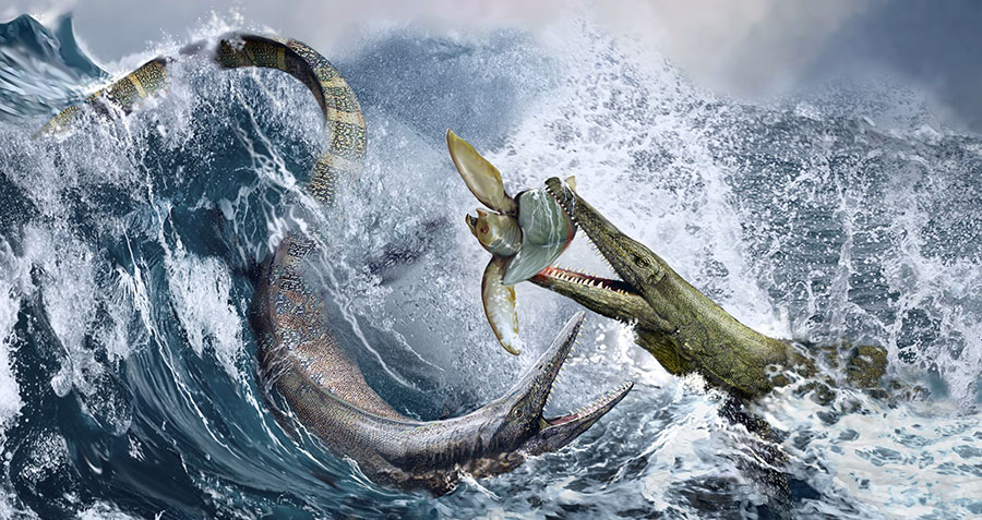 Painting of giant ancient marine reptiles feeding in crashing waves