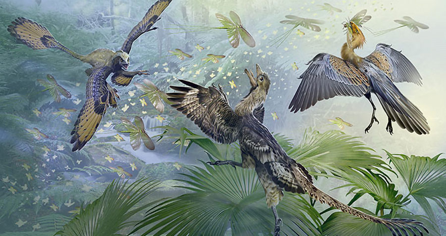 Painting of giant ancient theropods feeding over palm trees