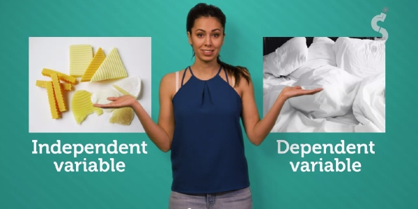 Science Literacy screenshot. Presenter with "Independent variable" and many different kinds of cheeses on the left and "Dependent variable" and a bunch of sheets on the right