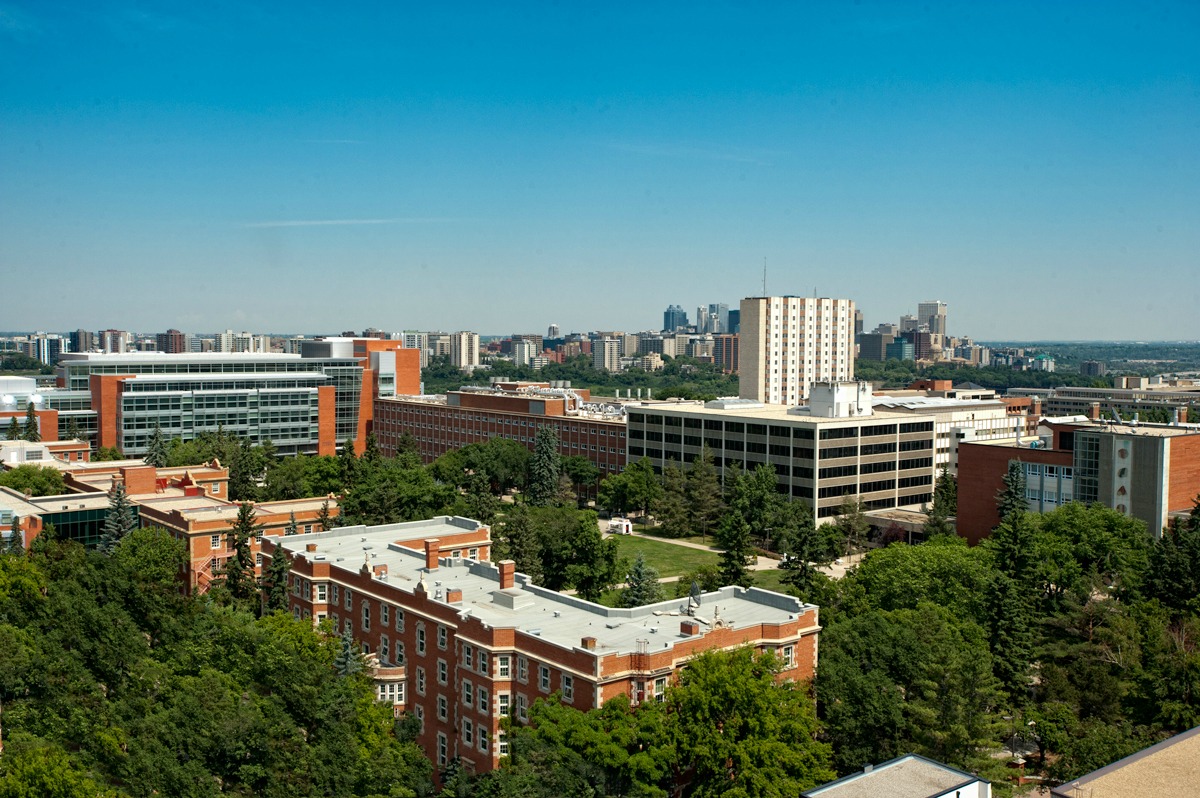 Aerial view of UAlberta's North Campus, with downtown Edmonton in the distance