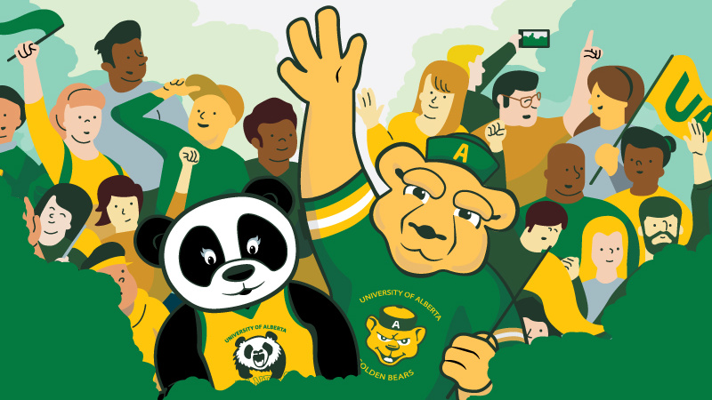 Cartoon illustration of GUBA and Patches, the U of A mascots leading cheering of many athletics fans in green and gold