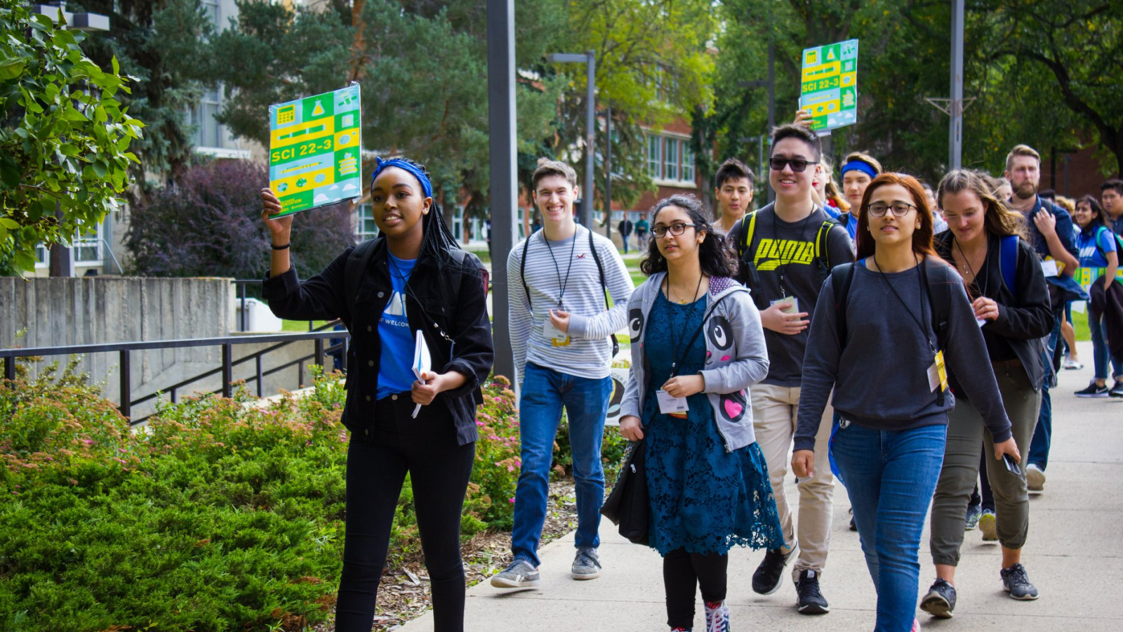 Students in a walking tour on campus