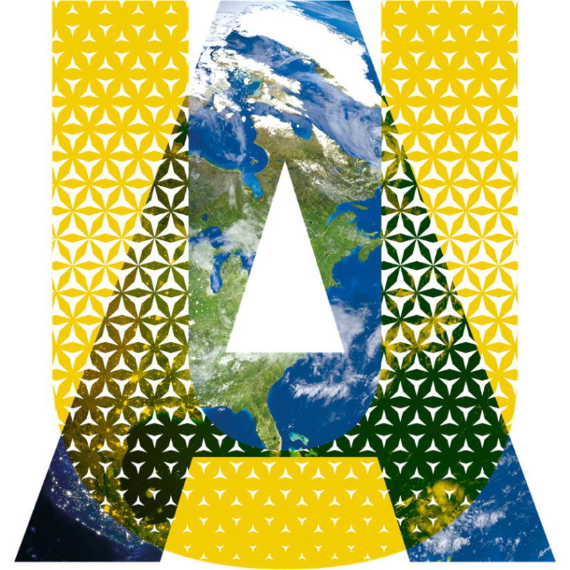 UA graphic with a yellow pattern in the U and an image of a planet in the A