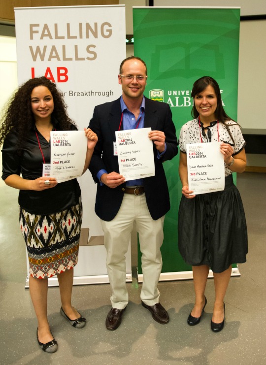 UAlberta's Falling Walls finalists (from left): diabetes researcher Nermeen Youssef, engineering post-doc Zack Storms and chemical engineering master's student Diana Martinez Tobon
