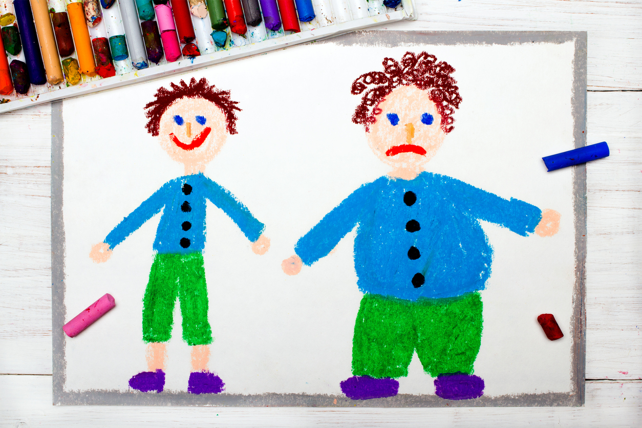 Drawing of a smiling slim child and an obese child.