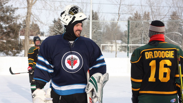 Colton Lewis (goaltender) between action during the Medicine Cup Charity Tournament