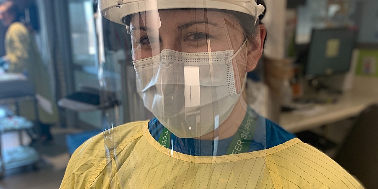 Healthcare worker wearing a 3D printed face shield