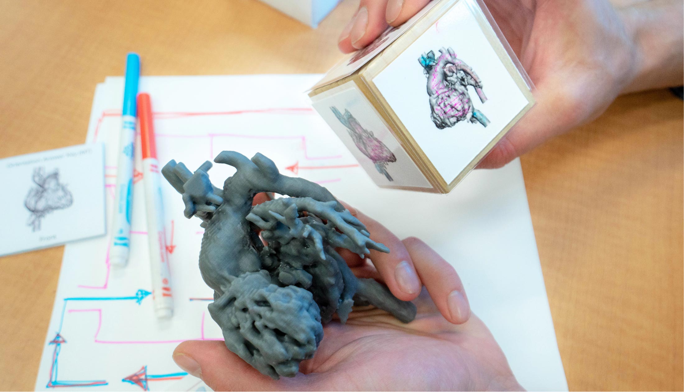 Hands holding a cube with images of a heart, and a 3D printed heart