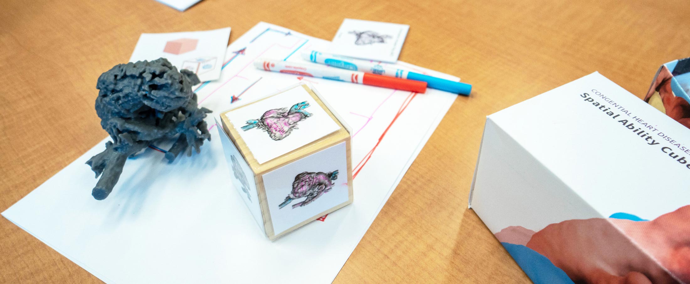 The cube and heart model sitting on a table with markers and notes