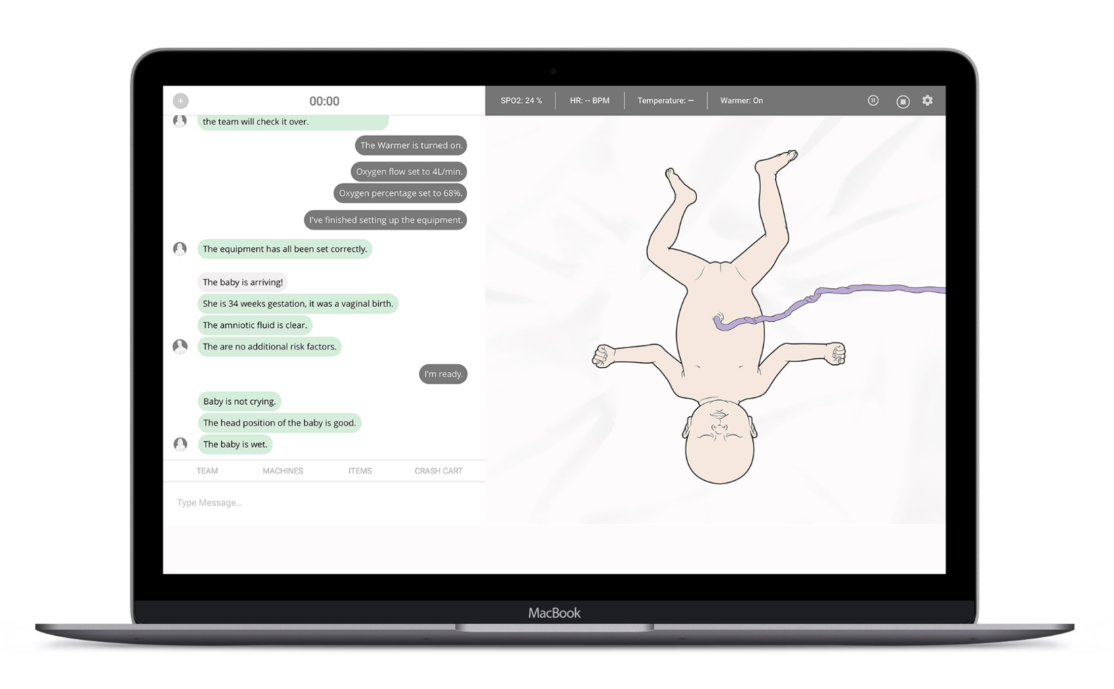 RETAIN digital simulator on a laptop screen, showing a text conversation about a birth on one side of the screen, and an illustrated baby with some medical statistics on the other