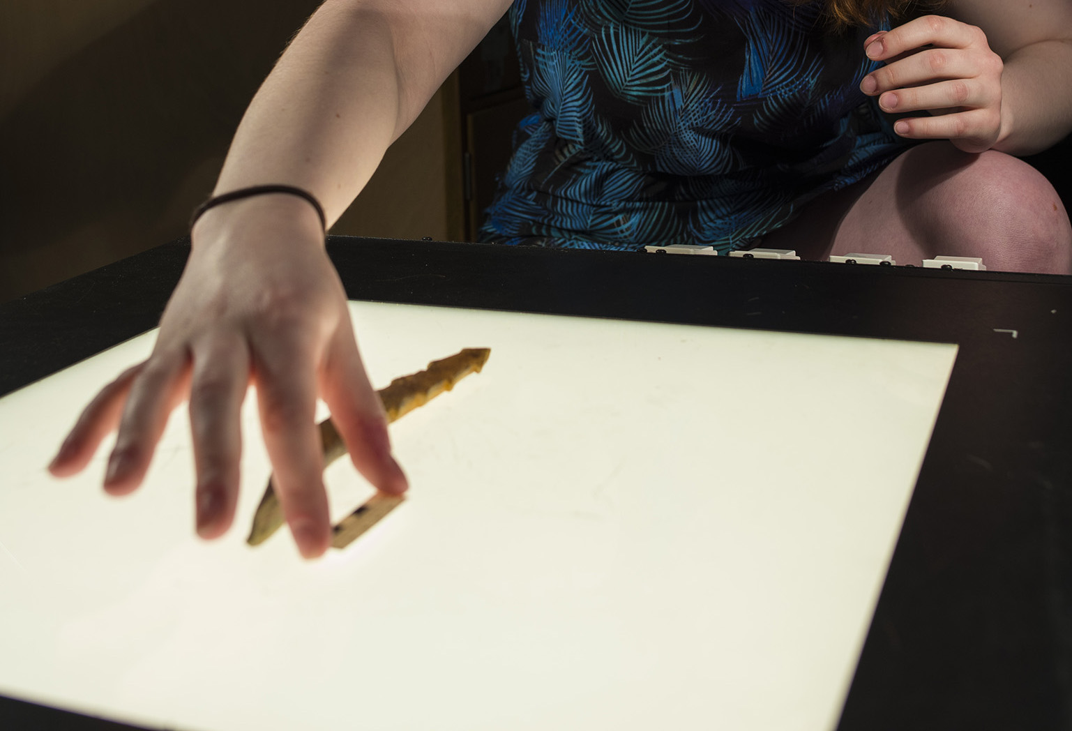 a volunteer places an item on a light table for a photo