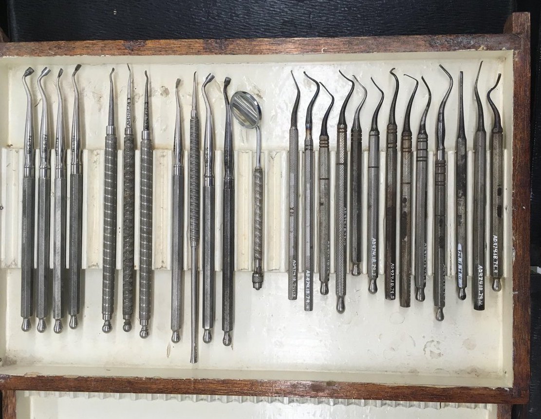 A selection of metal dentistry tools displayed vertically on a shallow tray.