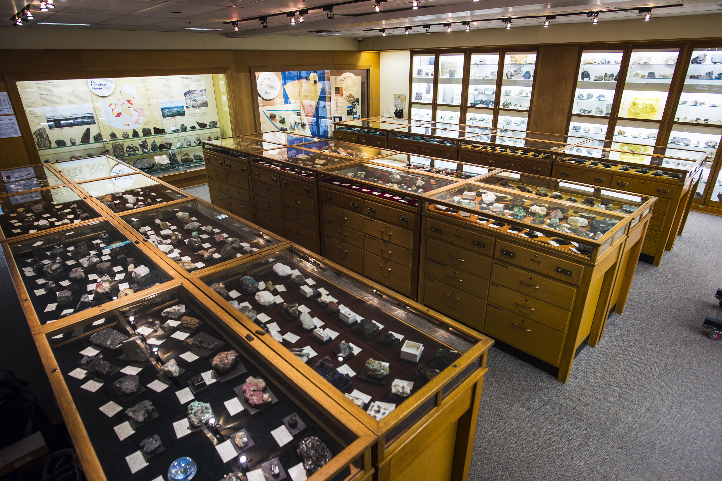 Overhead view of Mineralogy and Petrology museum, showing two rows of wooden display cases with glass tops and walls lined with shelves of displayed specimens covered with glass.
