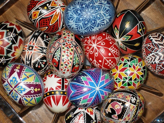 A collection of colourful, detailed Ukrainian eggs.