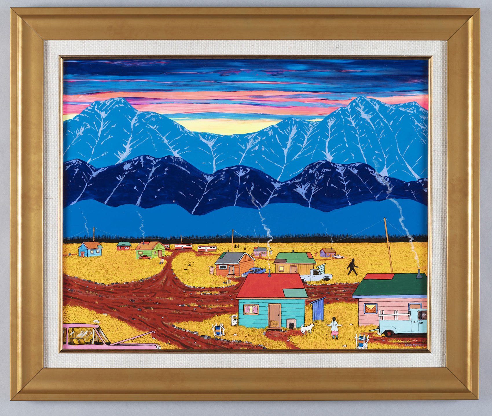 a mountainous village scene where a young girl looks towards a large silhouetted figure walking amongst the houses. Abby and the Sasquatch are the only figures in this brightly painted landscape that is otherwise filled with kit houses and abandoned cars.