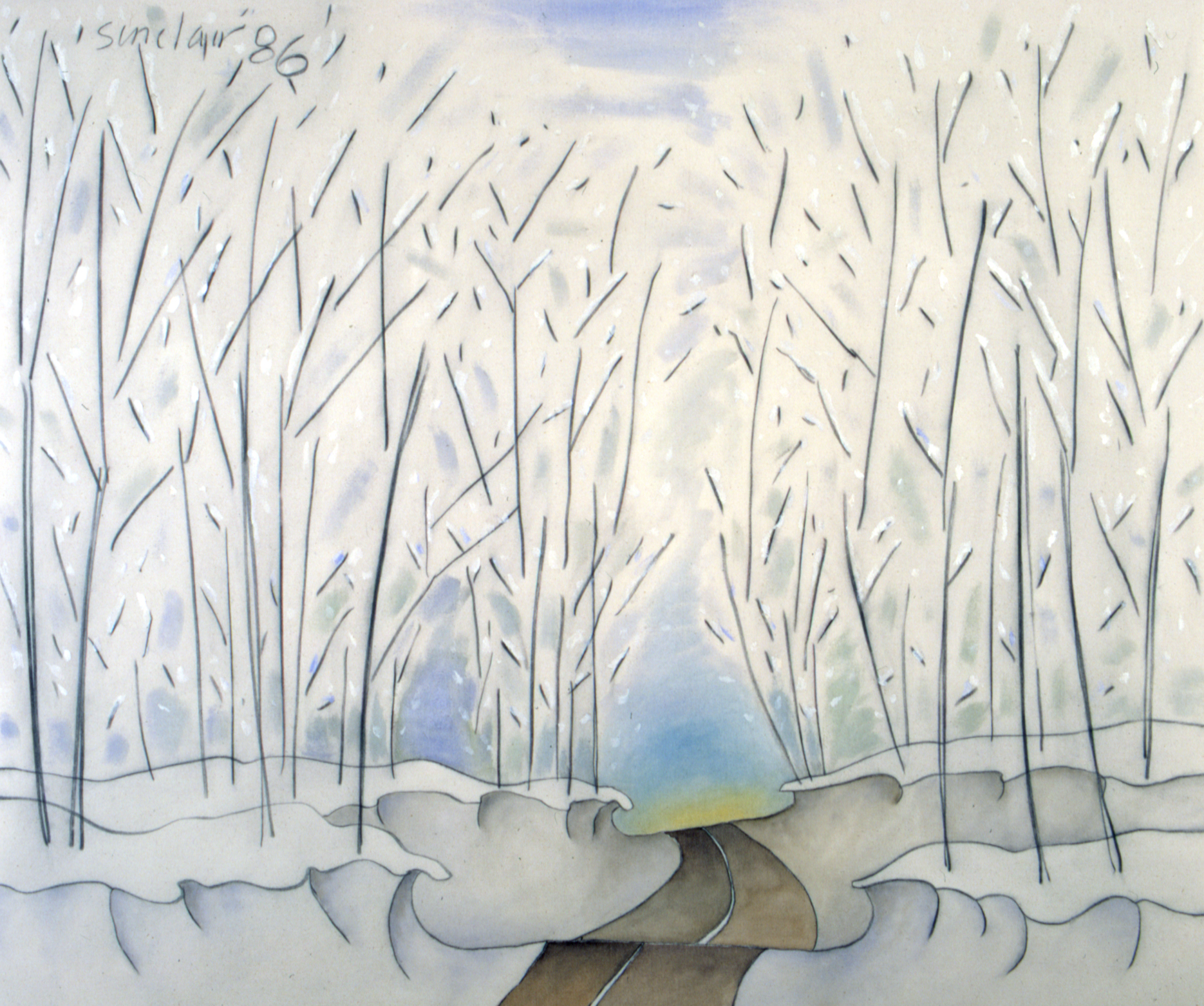 A painting of an empty road through a forest and the banks of snow on each side
