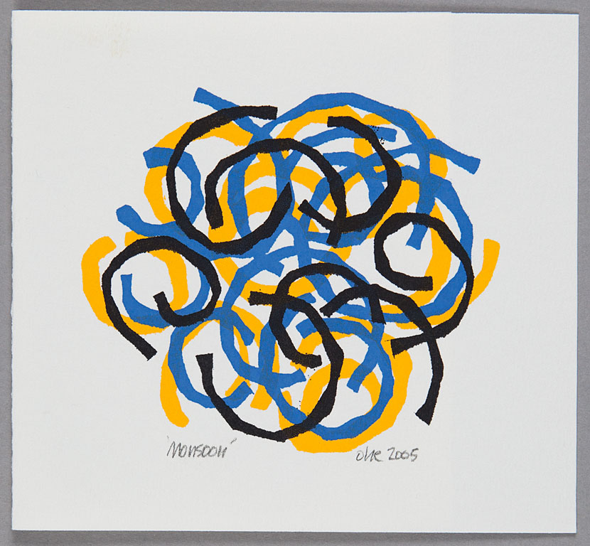 Thick swirls of black, yellow, and blue overlapping each other. 