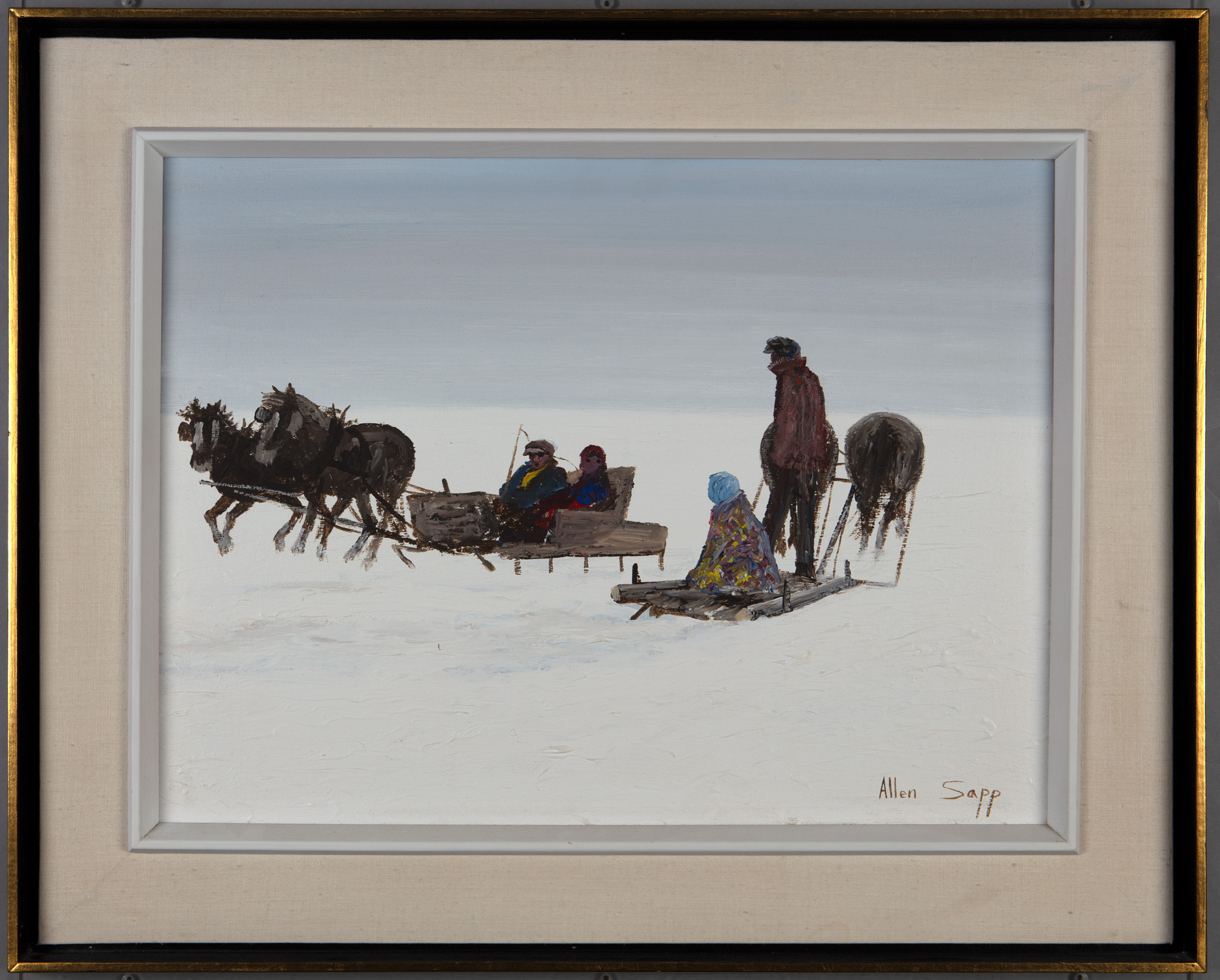a scene where two couples on horse-drawn sleds meet in a snowy field