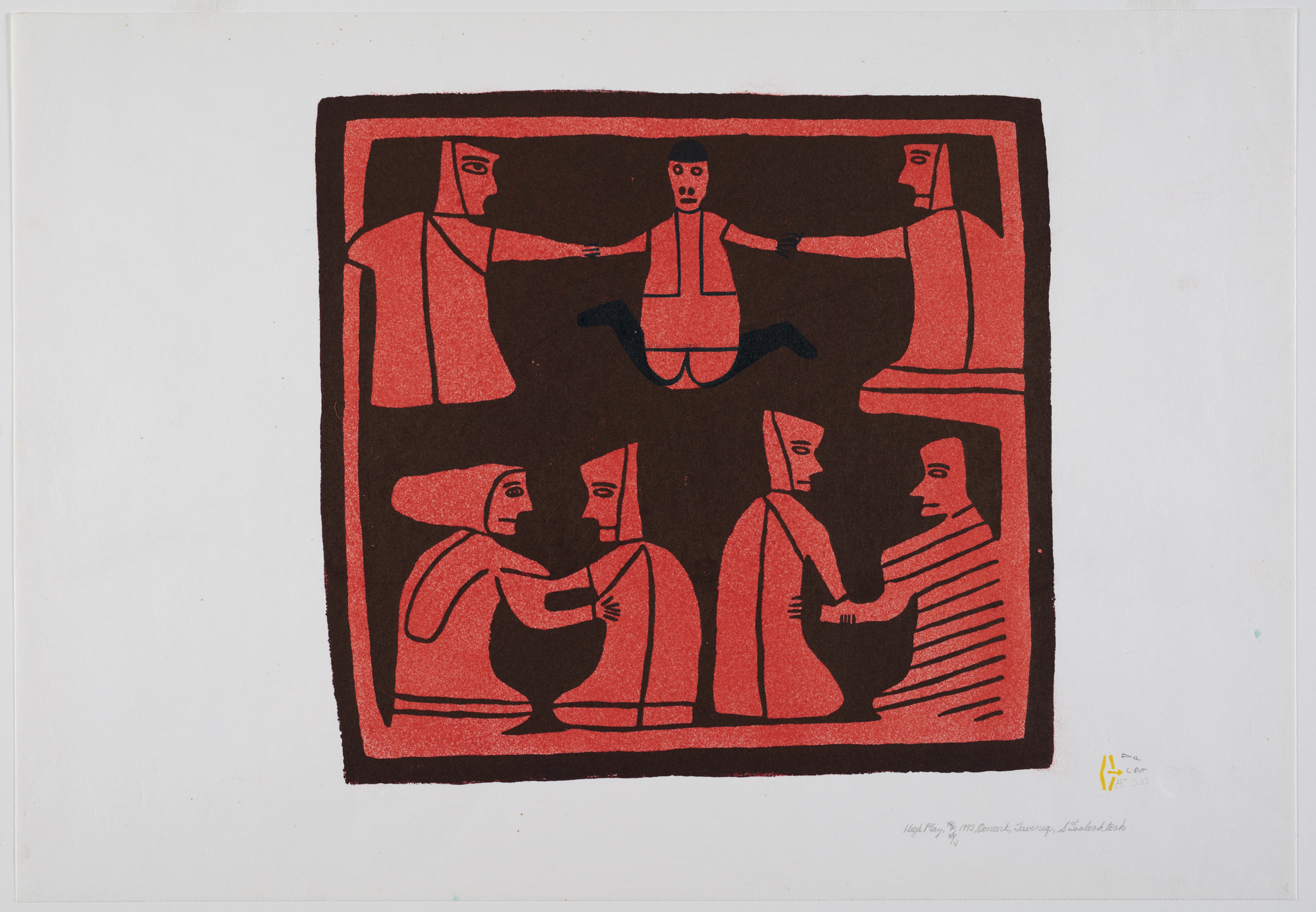 A black and red print that depicts three types of traditional endurance and strength games played in the Arctic.