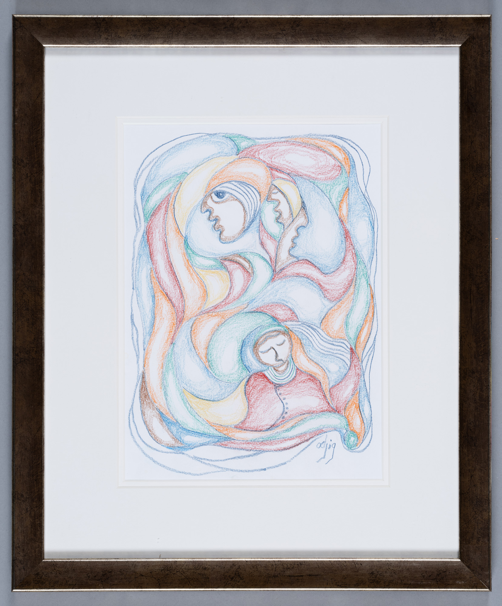 A colourful pencil drawing in a black frame surrounded by white matte. The image has three faces.