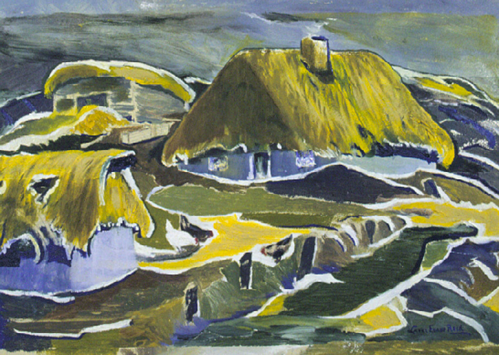A blue and yellow painting of buildings with straw roofs.