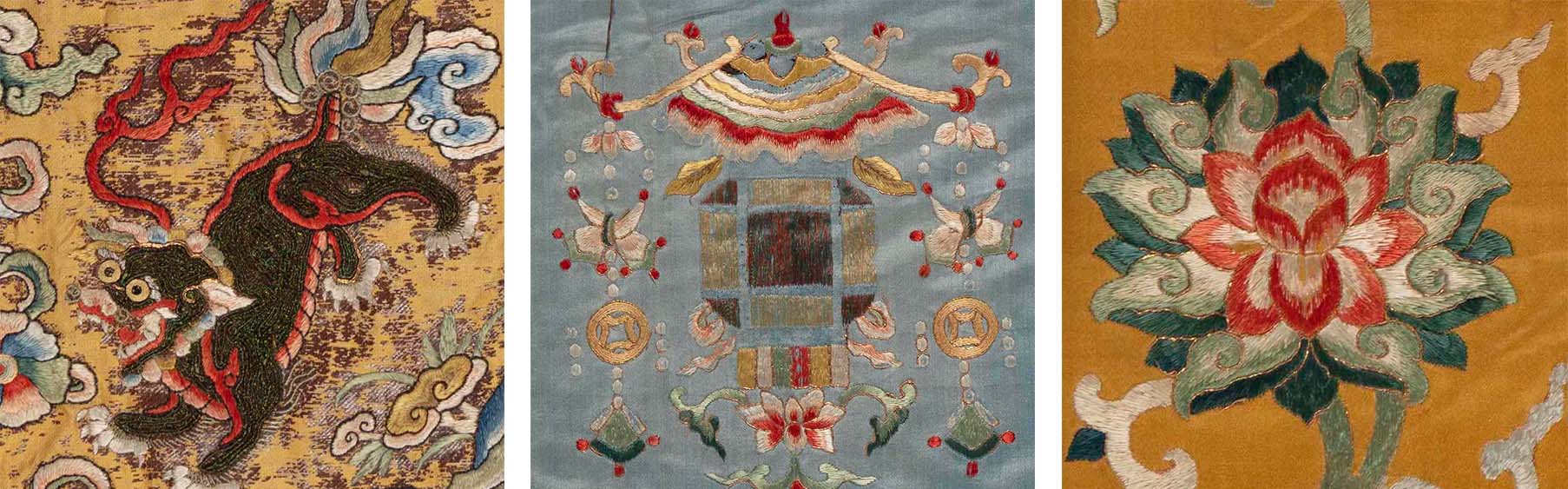Three separate images - one of a black lion, a blue lantern, and a pink and blue lotus - all embroidered onto the silk buddhist priest robe.