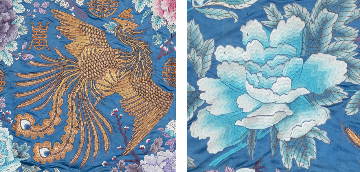 Details of the robe including a phoenix and close-up of a peony blossom.