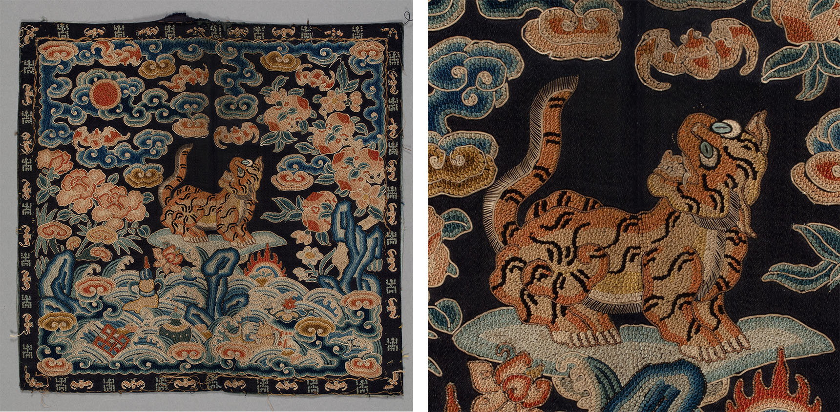 Two images - one of a square textile featuring a tiger that stands on a flat stone in the centre of the panel with its head turning backwards towards the sun - a red circle on the left. The tiger is surrounded by different symbols of fortune and longevity. The other image is a A close-up view of a tiger that was created by using decorative embroidery knots of different colours