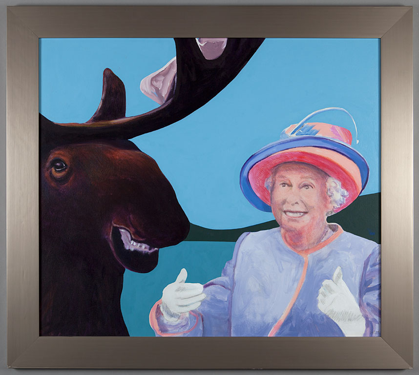 Her Majesty Queen Elizabeth II laughs alongside a smiling moose