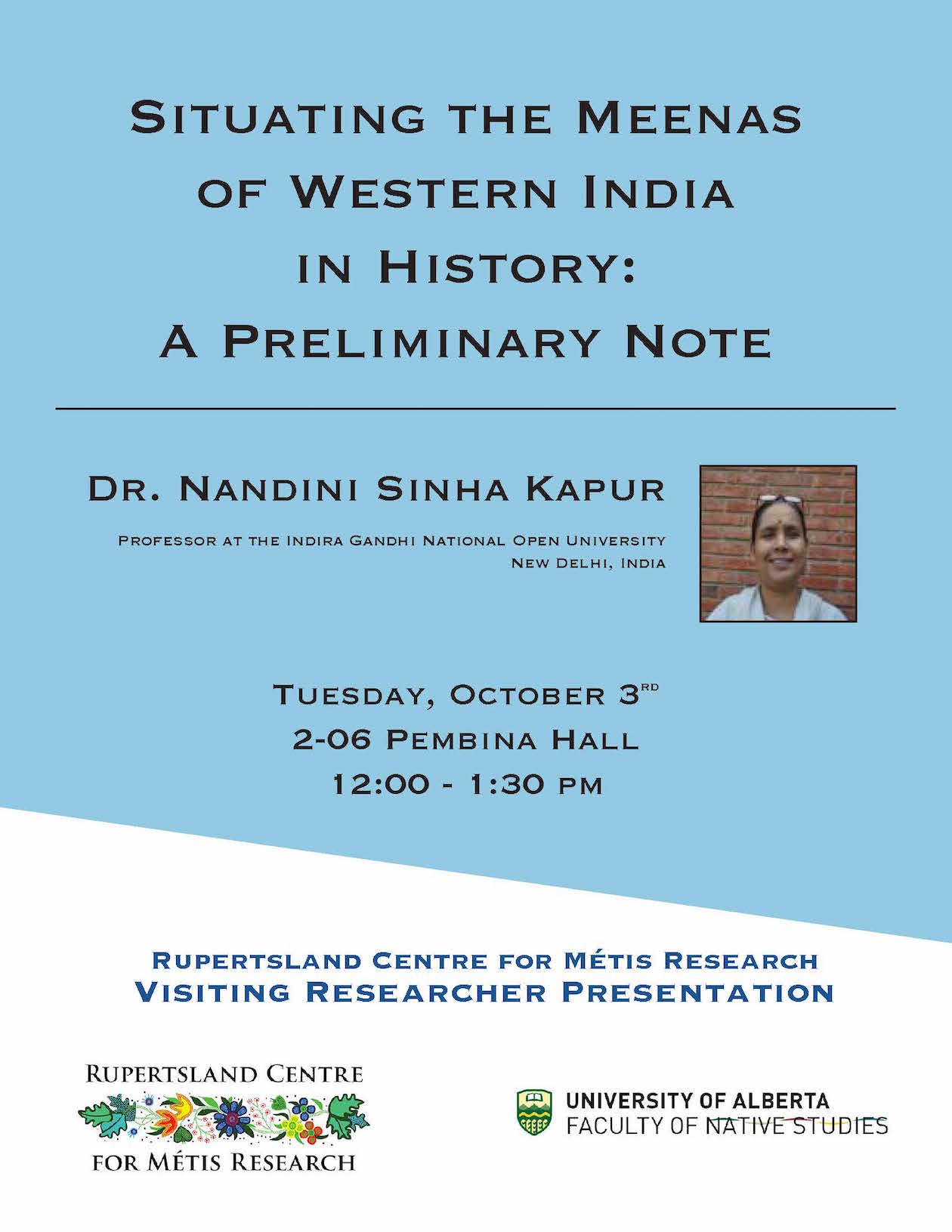Poster for Dr. Kapur's presentation titled Situating the Meenas of Western India in History: A Preliminary Note