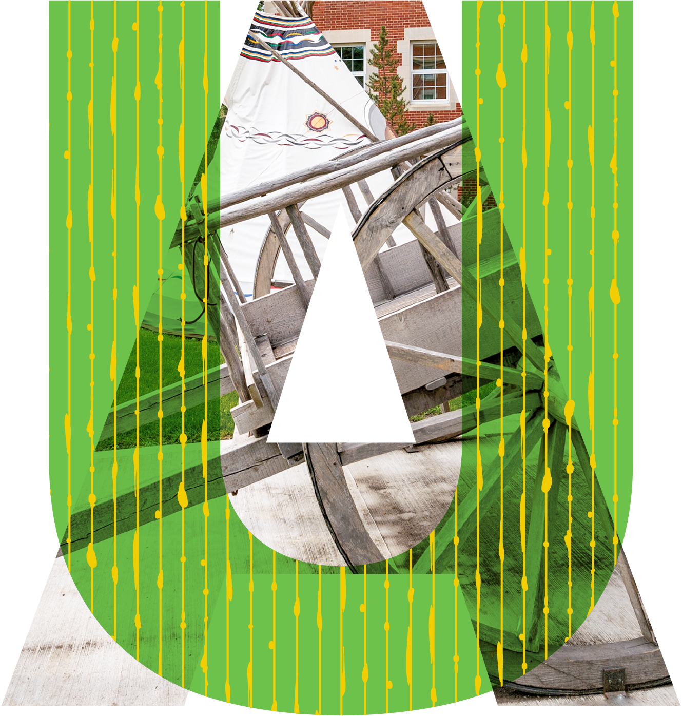 UA graphic depicting a white tipi and brown wood wagon