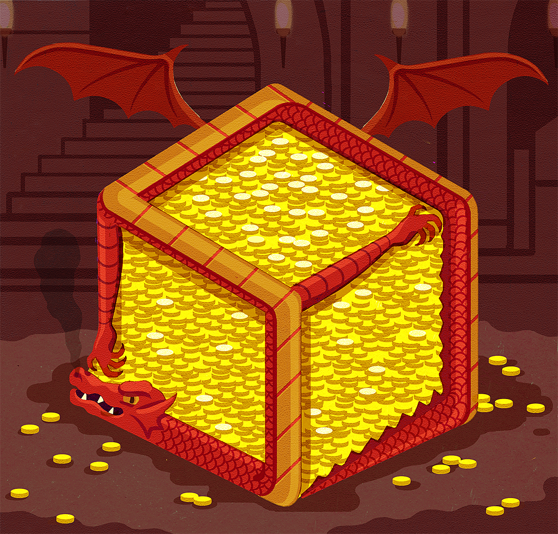 Illustration of a dragon wrapped around a block of gold coins