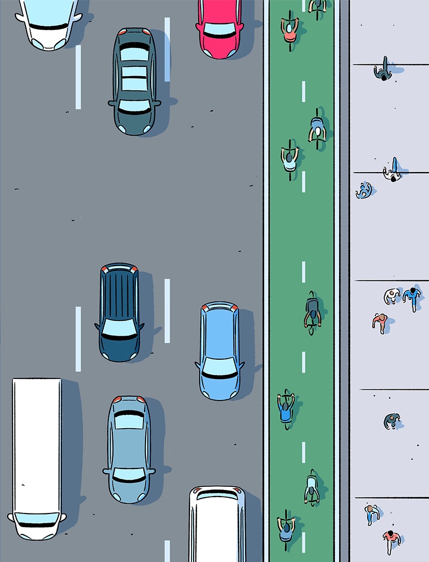 City road view graphic illustration from above with cars, bikes, and pedestrians