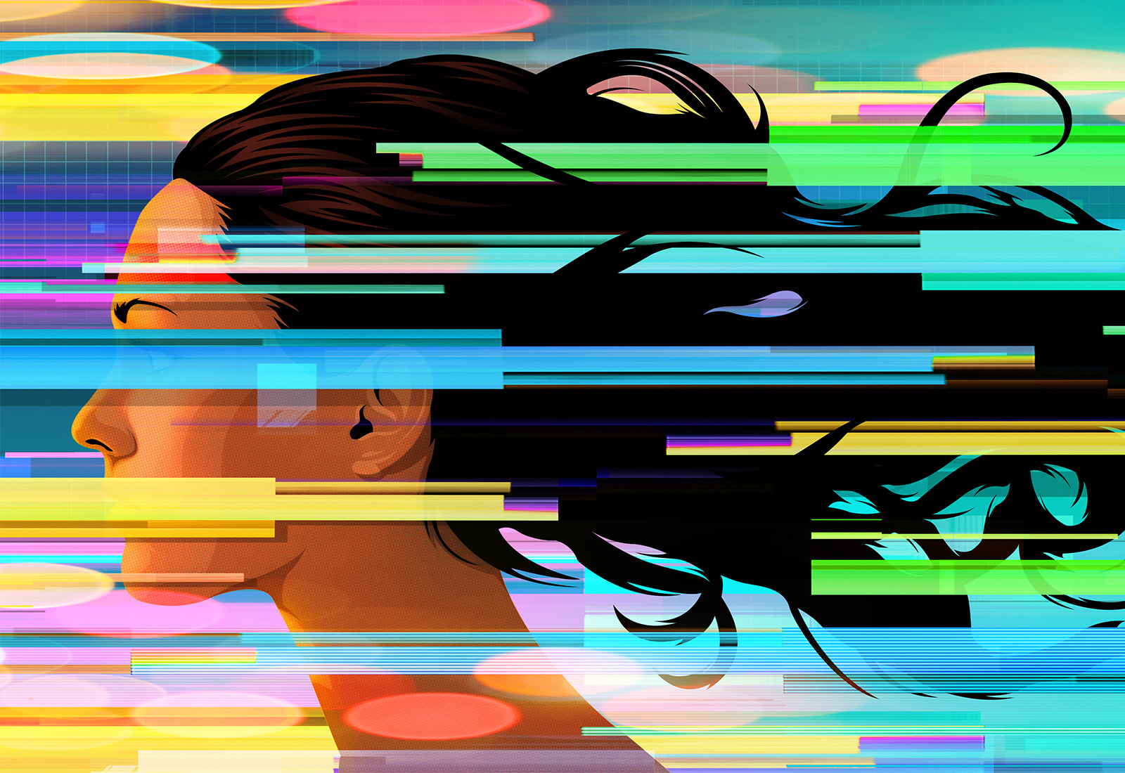 Colourful illustration of woman’s side profile with hair flowing behind her