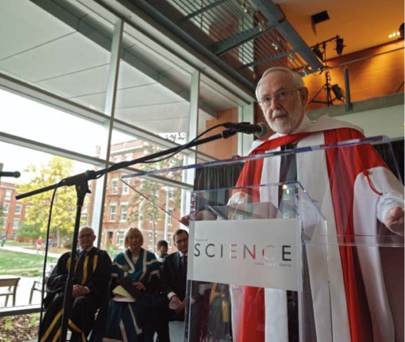 Canada's newest Nobel laureate Arthur McDonald accepting an honorary degree from the University of Alberta in 2011 to coincide with the opening of the Centennial Centre for Interdisciplinary Science.