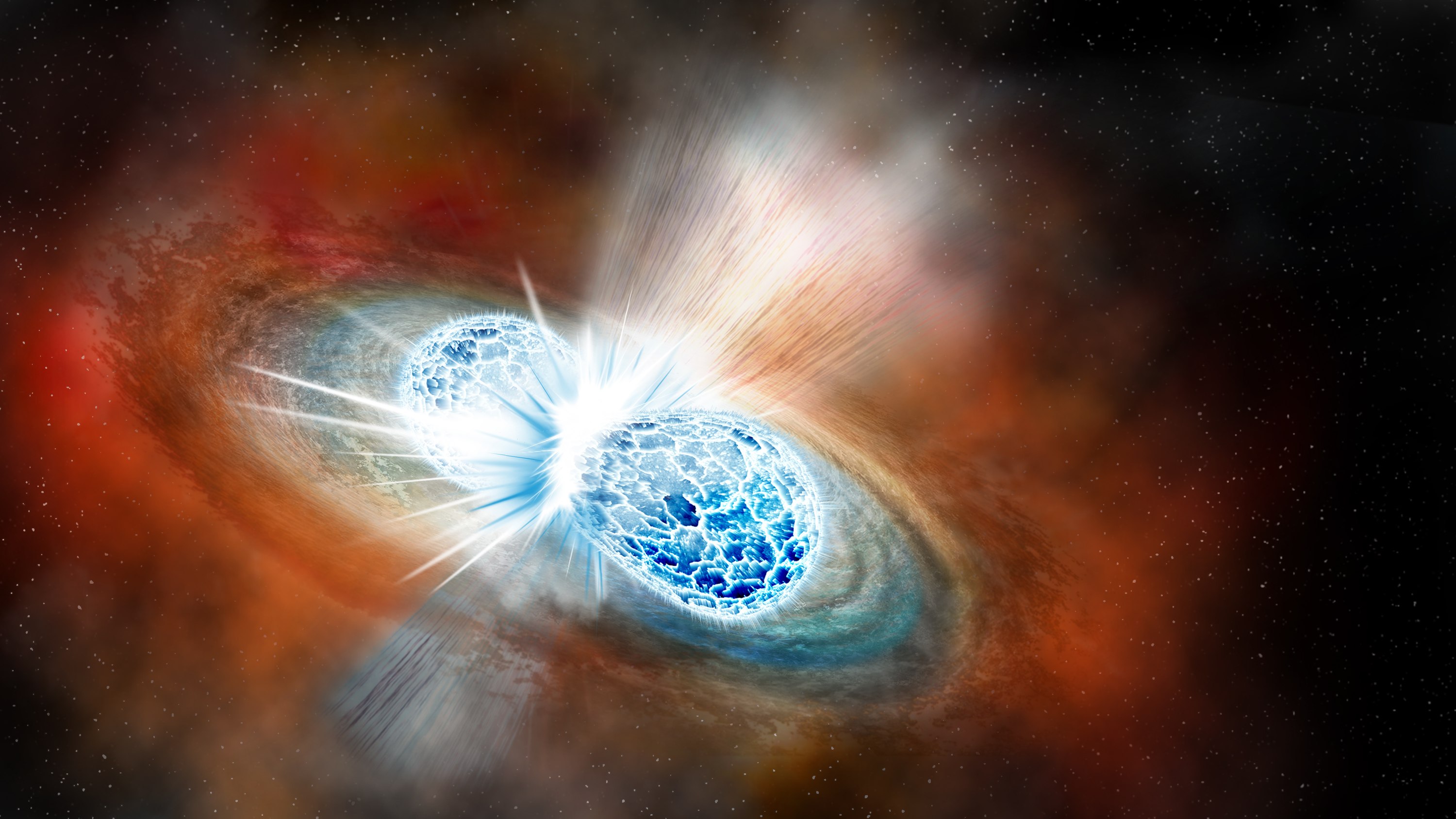 Artist's conception of two neutron stars merging. U of A researchers have developed a faster, simpler way to model the stellar collisions to help scientists predict where to aim telescopes to observe them. (Illustration: Robin Dienel, courtesy of the Carnegie Institution for Science)