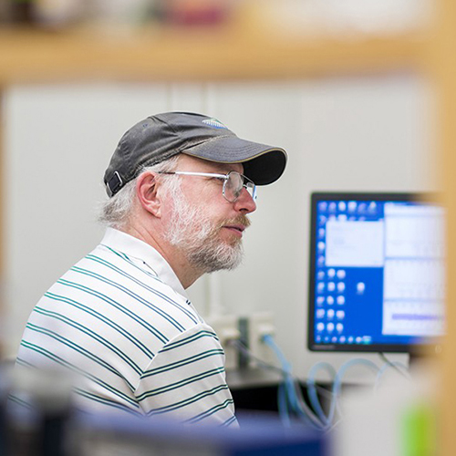David Wishart sitting in front of computer