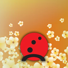 red dot with three black dots and a curve flowers in the background