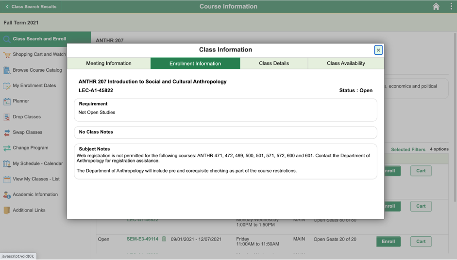 Enrolment Info tab screenshot