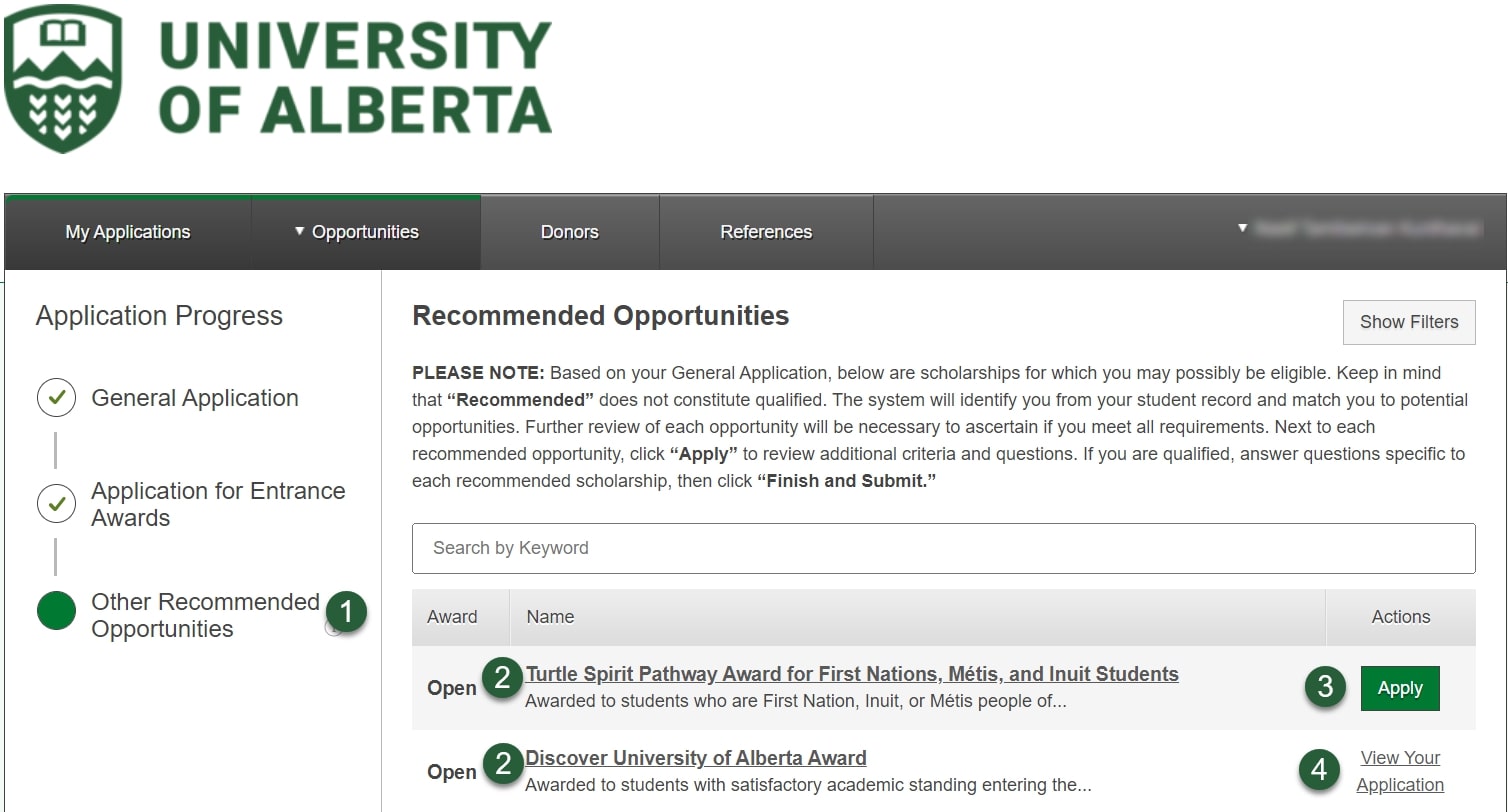 Image showing the Recommended Opportunities section of the online application with a listing of example award opportunities you could apply to.