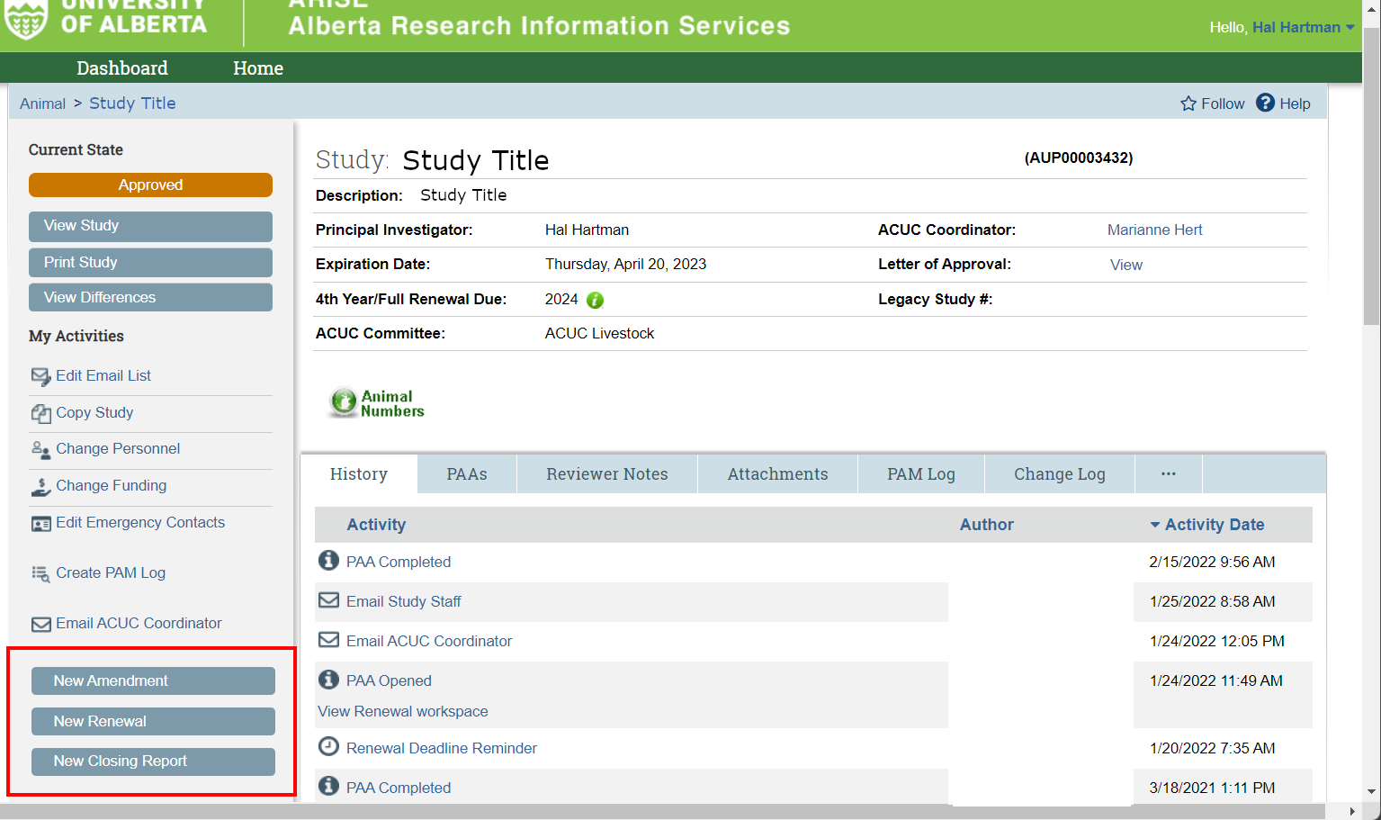 Study homepage, PAA buttons shown