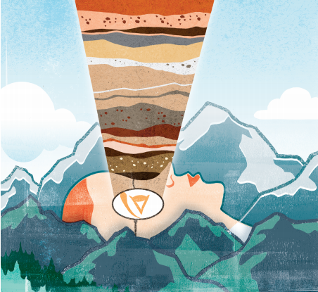Illustration of a person embedded in a mountain looking towards the sky with various geological strata coming out of their eyes.