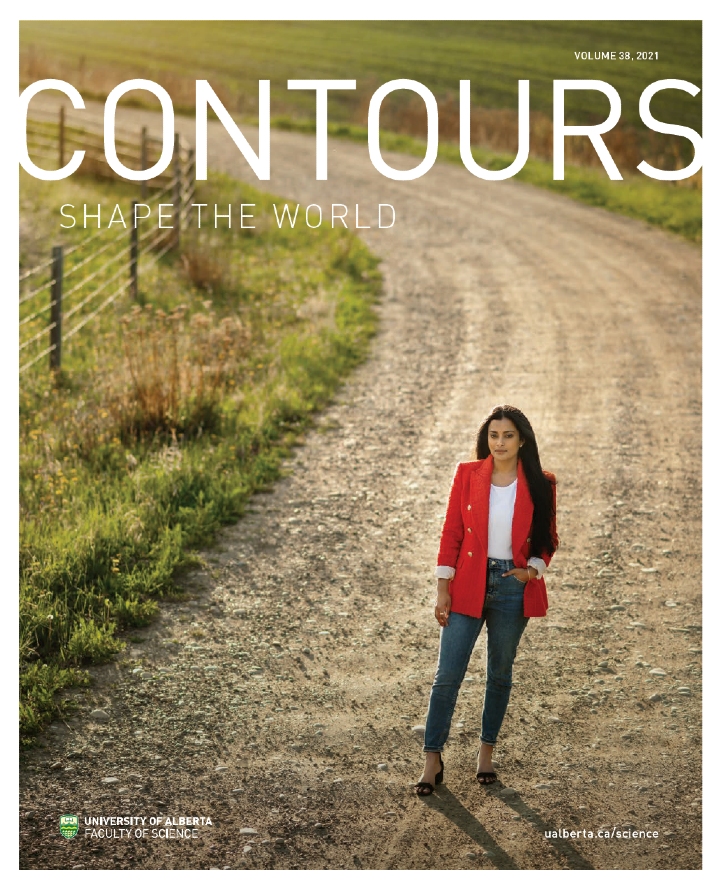 Talwinder Punni (’16 BSc), pictured on the cover of the Summer 2021 issue of Contours. Punni co-founded Edmonton-based spinoff company Naiad Lab Inc., advancing remote healthcare to help rural populations.