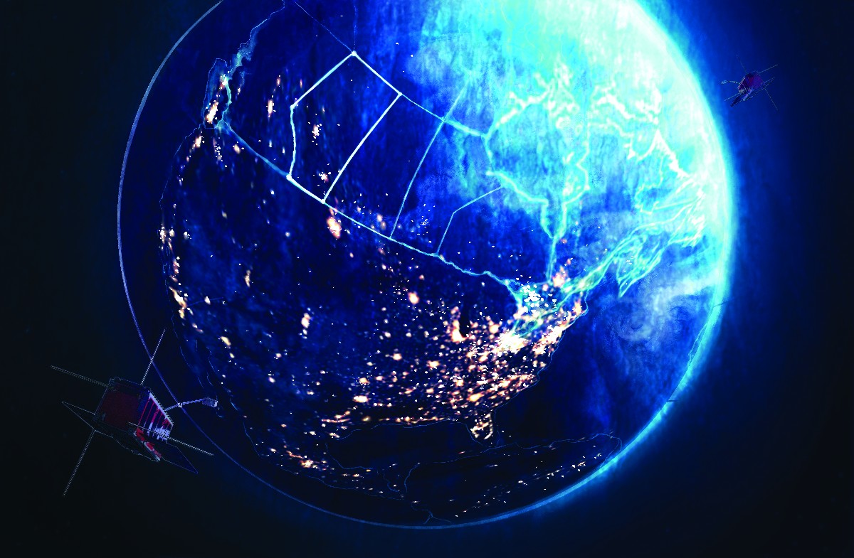 An illustration by Mariella Villalobos depicts AlbertaSat satellites in orbit around the Earth.