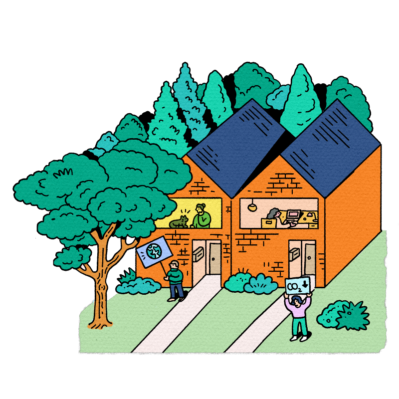 An illustration by Kathleen Fu demonstrates urban planning techniques that can help adapt to and mitigate climate change, including denser housing and more green spaces.