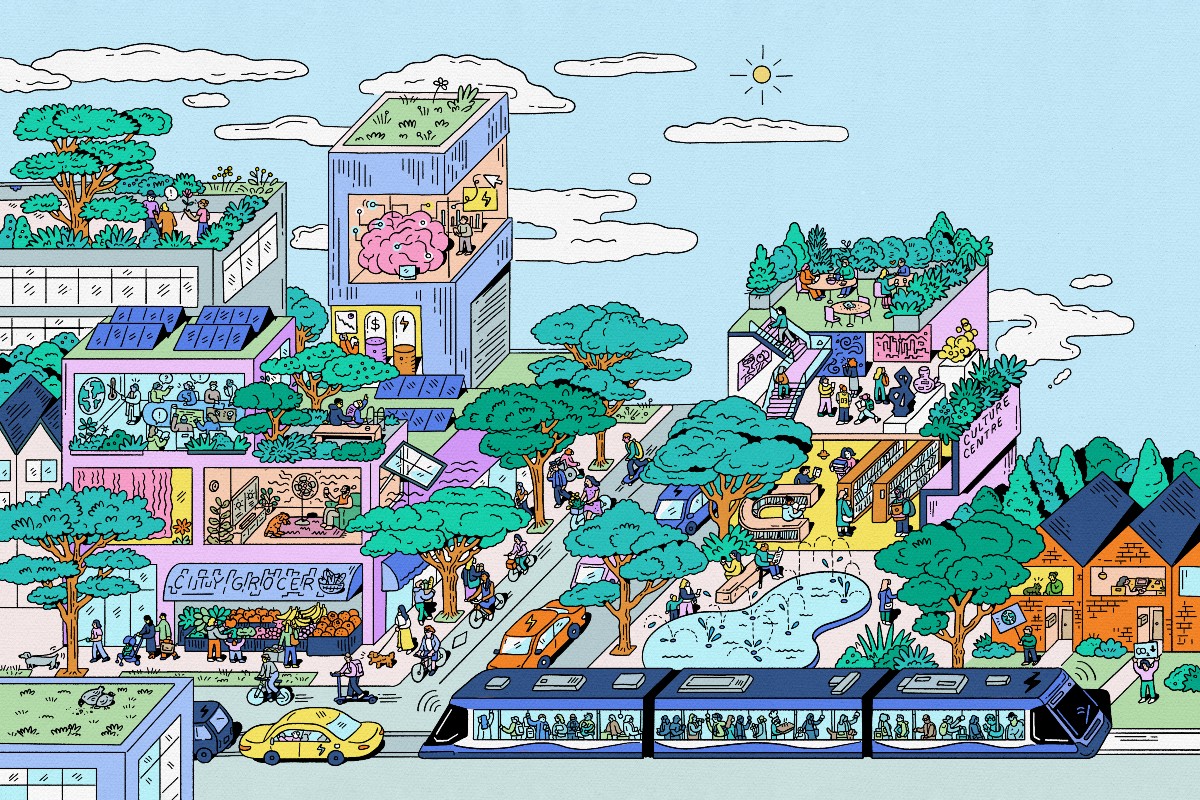 In an illustration by Kathleen Fu, various technologies and urban planning design principles are shown throughout a city block lined with trees and filled with public transit and green spaces.