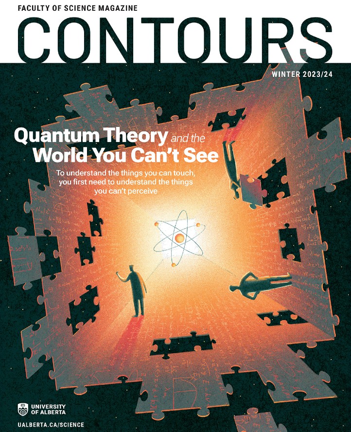 Cover of the Winter 2023 issue of Contours, the Faculty of Science alumni magazine. An illustration by Myriam Wares shows scientists piecing together a puzzle that is the universe.