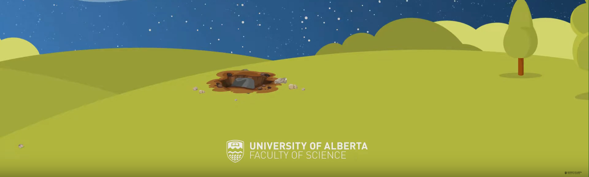 Cartoon image of a meteorite and crater landed on green hills. Text at the bottom of the image reads "University of Alberta, Faculty of Science".